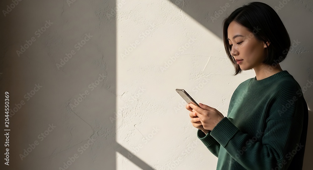 Naklejka premium Woman standing alone using smartphone indoors.