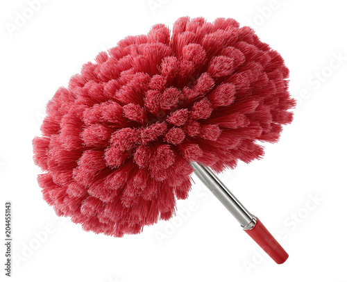 Red, tufted brush with silver and red handle on black