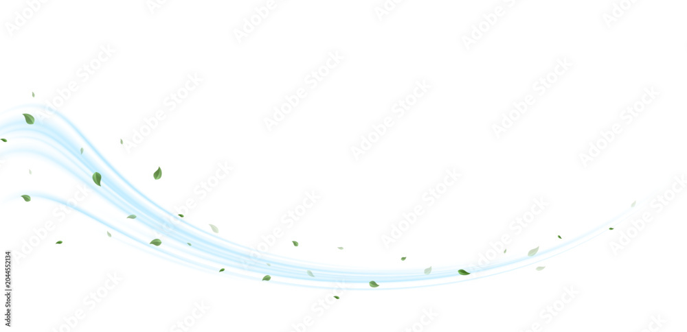 Naklejka premium Blue Wind Swirl With Flying Green Leaves. Abstract Nature Breeze Motion Trail. Spring Air Flow Vector Background