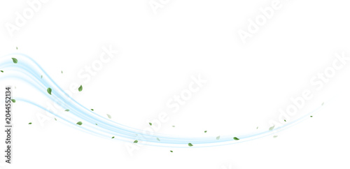 Blue Wind Swirl With Flying Green Leaves. Abstract Nature Breeze Motion Trail. Spring Air Flow Vector Background