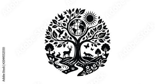 Fotografía Floral ornament with earth sun and wildlife in a circular design