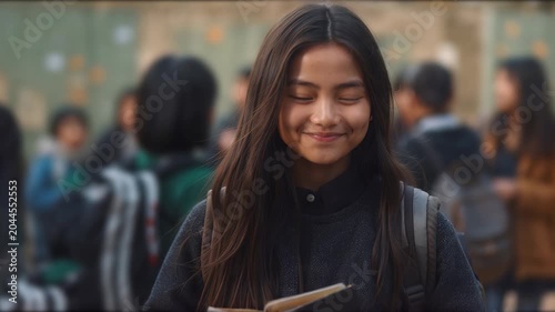 Portrait of cheerful female international Asian student with backpack, carrying school equipment, Education concept