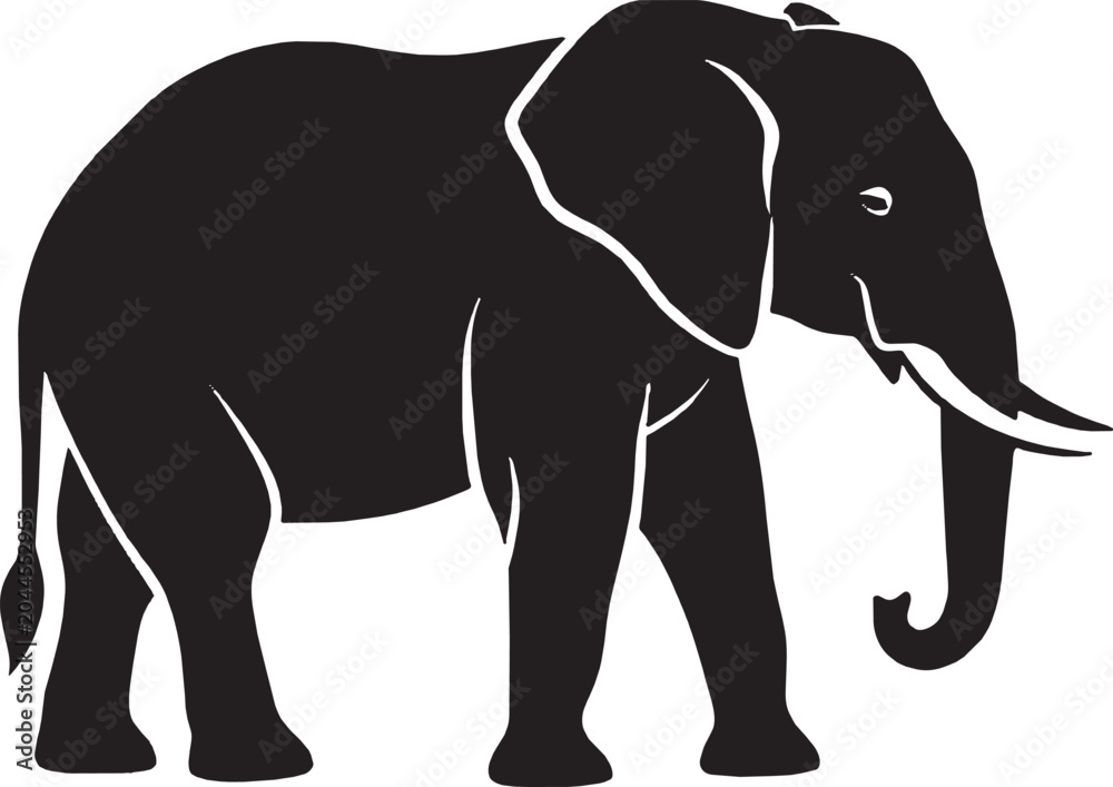 Fototapeta premium Black silhouette of a standing elephant on a side profile isolated on transparent background, Vector