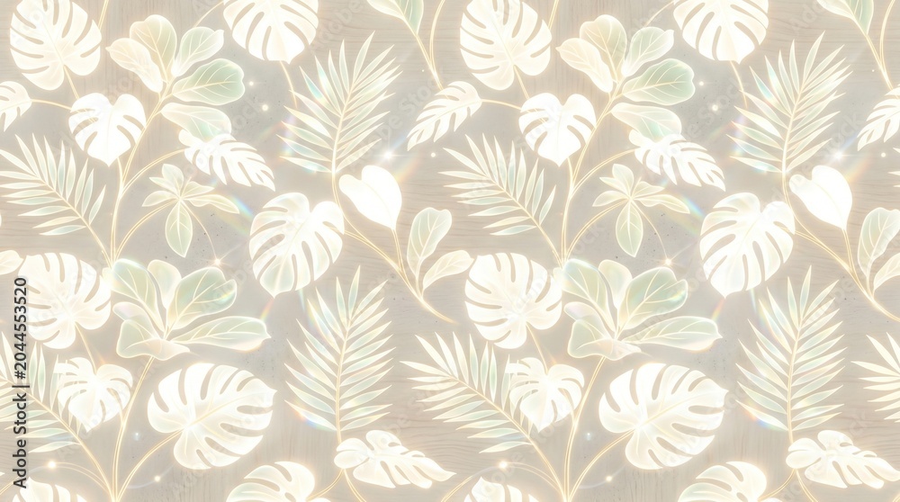 Fototapeta premium Elegant Tropical Leaf Pattern in Soft Pastel Colors, Featuring Monstera and Fern Leaves, Perfect for Wallpaper, Fabric, and Textile Design, Creating a Calm and Natural Aesthetic