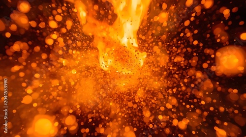 Fiery Explosion of Orange and Yellow Particles in Motion.