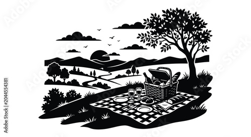 picnic scene in black and white silhouette