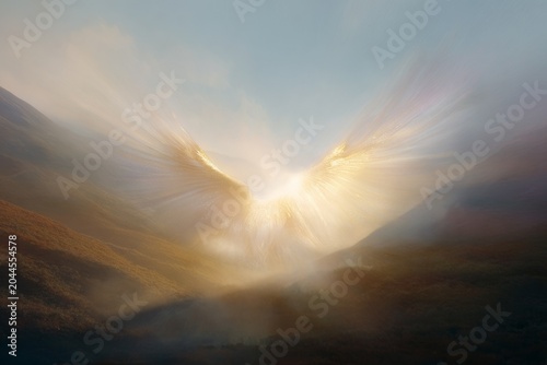 Radiant guardian angel hovering over a misty valley at sunrise for spiritual background and inspirational wallpaper