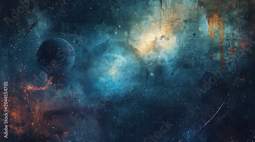 Abstract Cosmic Nebula with Planets and Stars in Deep Space.