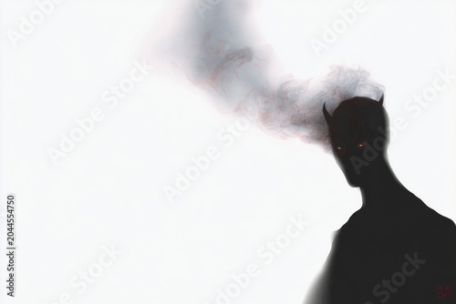 Dark demon silhouette with ember eyes and smoky horns for horror background and ominous poster design