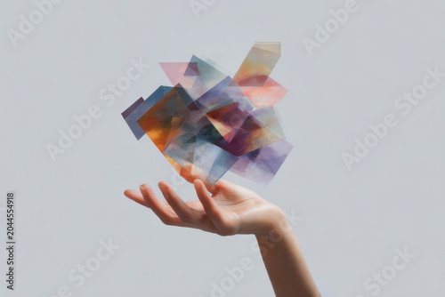 Minimal hand holding floating multicolored glass shards for abstract background and creative design element