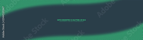 Halftone dots concentric grid pattern smooth curved diagonal frame ultra wide 32:9 aspect ratio mint green vector abstract background. Half tone graphic retro futuristic style ultrawide classy layout