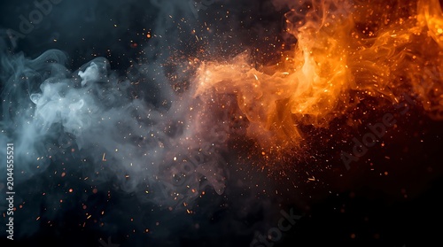 Abstract Smoke and Fire Explosion on Black Background.
