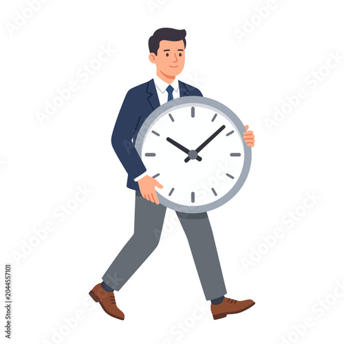 Businessman carrying huge wall clock time management concept vector illustration