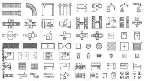 Top View Smart Factory Architectural CAD Blocks Vector Set – Industrial Automation Equipment, Manufacturing Plant Planning Elements Isolated on White