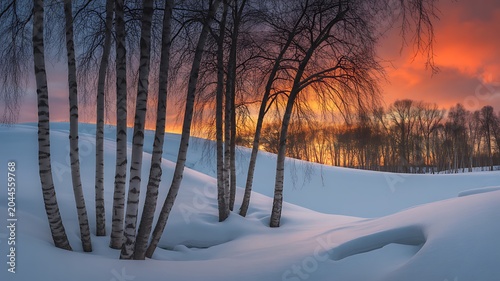A serene winter landscape photograph captures trees, snow, sunset, forest, and hills.