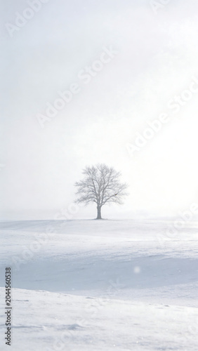 Generative AI depicts a solitary tree standing in a vast snow-covered landscape under a cloudy sky