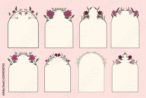 Floral Arch Frame Vector Set, Botanical Wedding Invitation Borders with Pink Flowers and Green Leaves