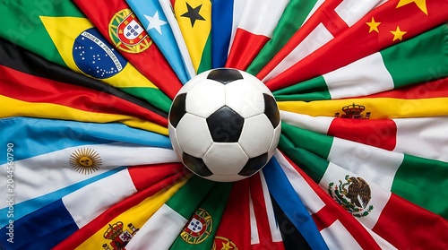 Soccer ball in center of many national flags showing unity and global sports event in circle formation representing international competition.