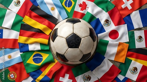 Soccer ball centered among many international flags in a spiral pattern representing worldwide sport and global championship event.