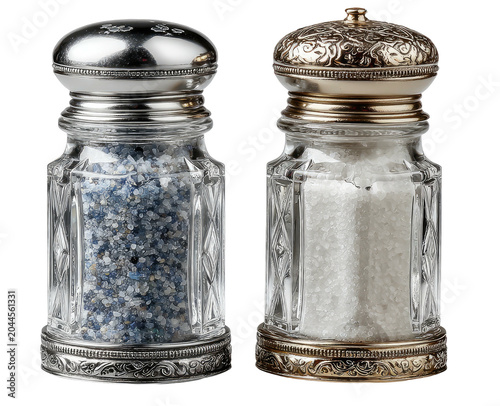 Silver-topped salt and pepper shakers on black background
