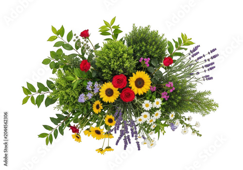 Bouquet of sunflowers, red roses, white daisies, and purple lavender with green shrubs and foliage isolated on a black background