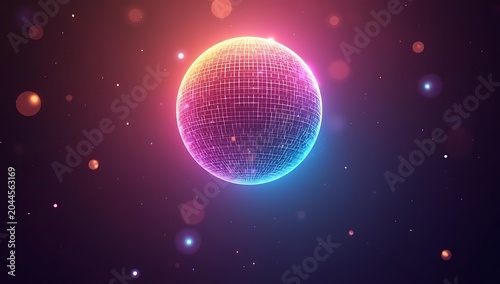 Vibrant Neon Disco Ball with Glowing Lights and Particles.