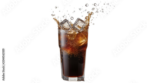 Foto Cola drink with ice cubes splashing in glass