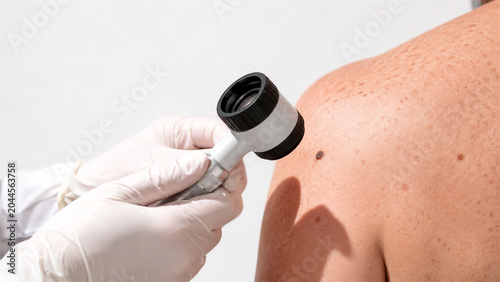 dermatologist examining mole on patient shoulder with dermatoscope. Medical screening for skin cancer and melanoma. Professional checkup of skin health and dermatology diagnostic procedure