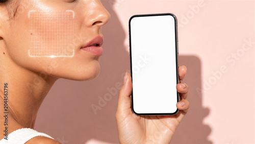 woman checking skin condition with smartphone app. Digital face analysis with laser grid for dermatology and beauty care. Innovative skincare technology for health and aesthetic exam