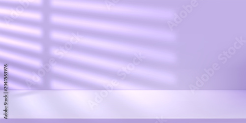 Gradient purple studio background with pink window light in blue violet room. Abstract 3d wall and floor for spring product backdrop limbo. Simple empty minimal ground, modern striped display platform
