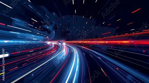 Abstract Digital Light Trails in a Futuristic Tunnel.