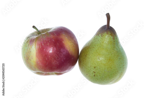 A red-green apple and a green pear, sideview, on white background
