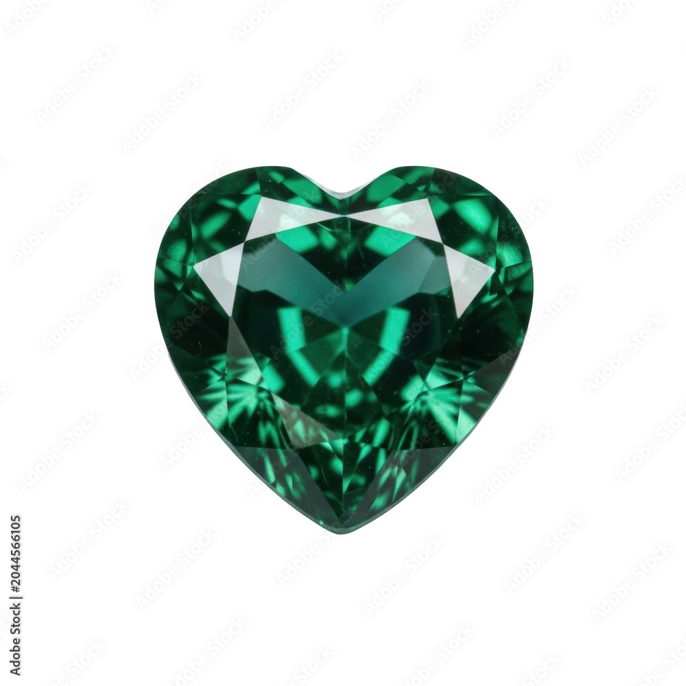 Fototapeta premium Heart-shaped emerald gemstone with deep green color and brilliant facets resting on a transparent background, capturing a luxurious and romantic atmosphere