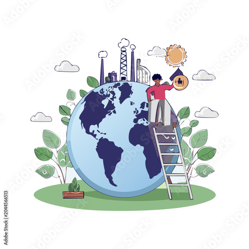Person on ladder reaching for sun above Earth with factories