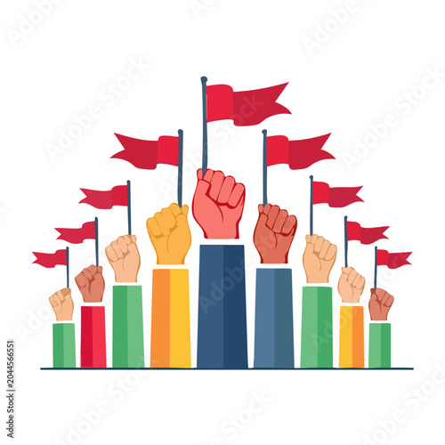 Raised fist holding red flag in protest