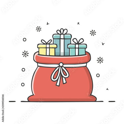 Santa's bag full of gifts with snowflakes