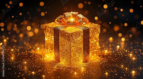 Golden Gift Box with Sparkling Bokeh and Festive Celebration.