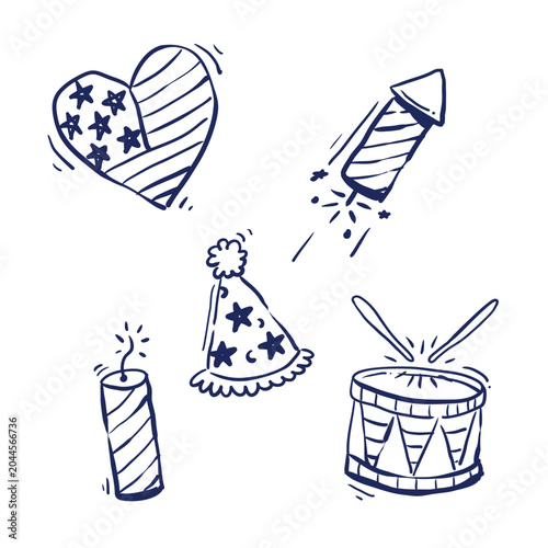 Fourth of July celebration doodle icons with American flag hearts, fireworks, party hat, drum, and firecracker, blue and white vector illustration set