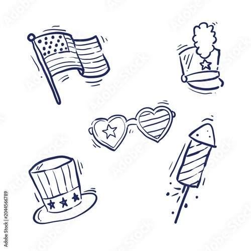 Fourth of July patriotic doodle icons with American flag, heart shaped glasses, fireworks, top hat, and drum major hat, black and white vector illustration set