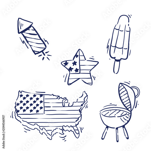 Fourth of July celebration doodle icons with fireworks, American flag star, ice cream, USA map, and barbecue grill, black and white vector illustration set