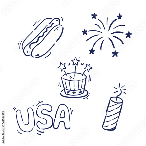 Fourth of July celebration doodle icons with hot dog, fireworks, American hat, USA text banner, and firecracker, black and white vector illustration set