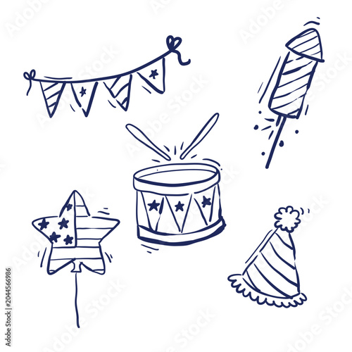 Fourth of July celebration doodle icons with bunting, drum, stripe fireworks, star shaped balloon, and party hat, black and white vector illustration set