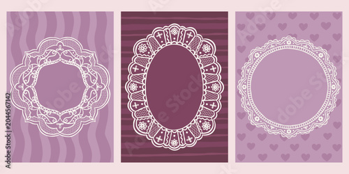 Vintage lace whimsical vector frames set. Decorative elegant retro coquette romantic purple backgrounds