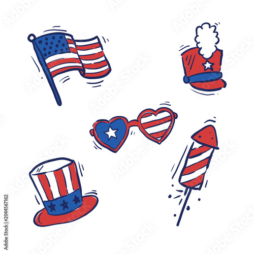 Fourth of July patriotic doodle icons with American flag, heart shaped glasses, red white fireworks, top hat, and drum major hat, vector illustration set