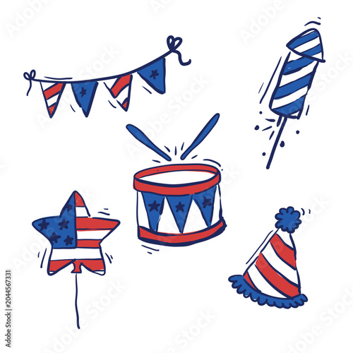Fourth of July celebration doodle icons with bunting, drum, stripe fireworks, star shaped balloon, and party hat, vector illustration set