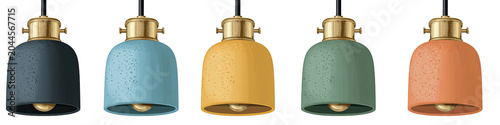 Five pendant lamps in various colors with golden hardware