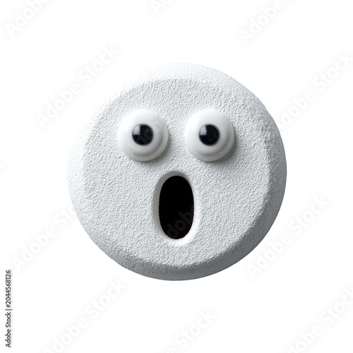 A surprised, white pill face with googly eyes and an open mouth