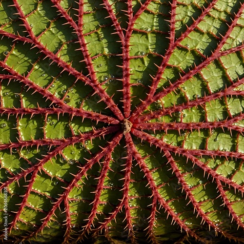 Macro view of thorny red veins on underside of giant lily pad with botanical