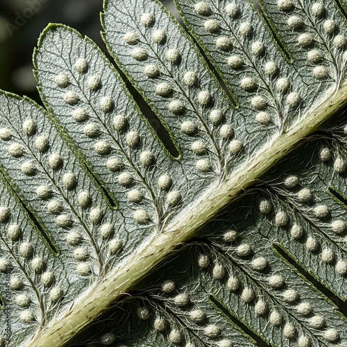 Macro close up of underside of a green fern frond showing sori spore clusters