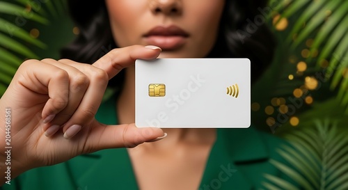 Unrecognizable woman holding a blank white credit card against tropical plants